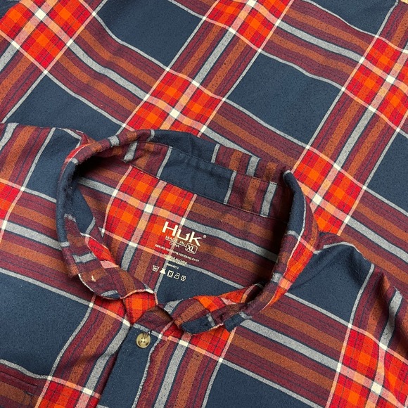 Huk XL Mens Plaid Long Sleeve Button Down Fishing Shirt Red Blue - Picture 1 of 8